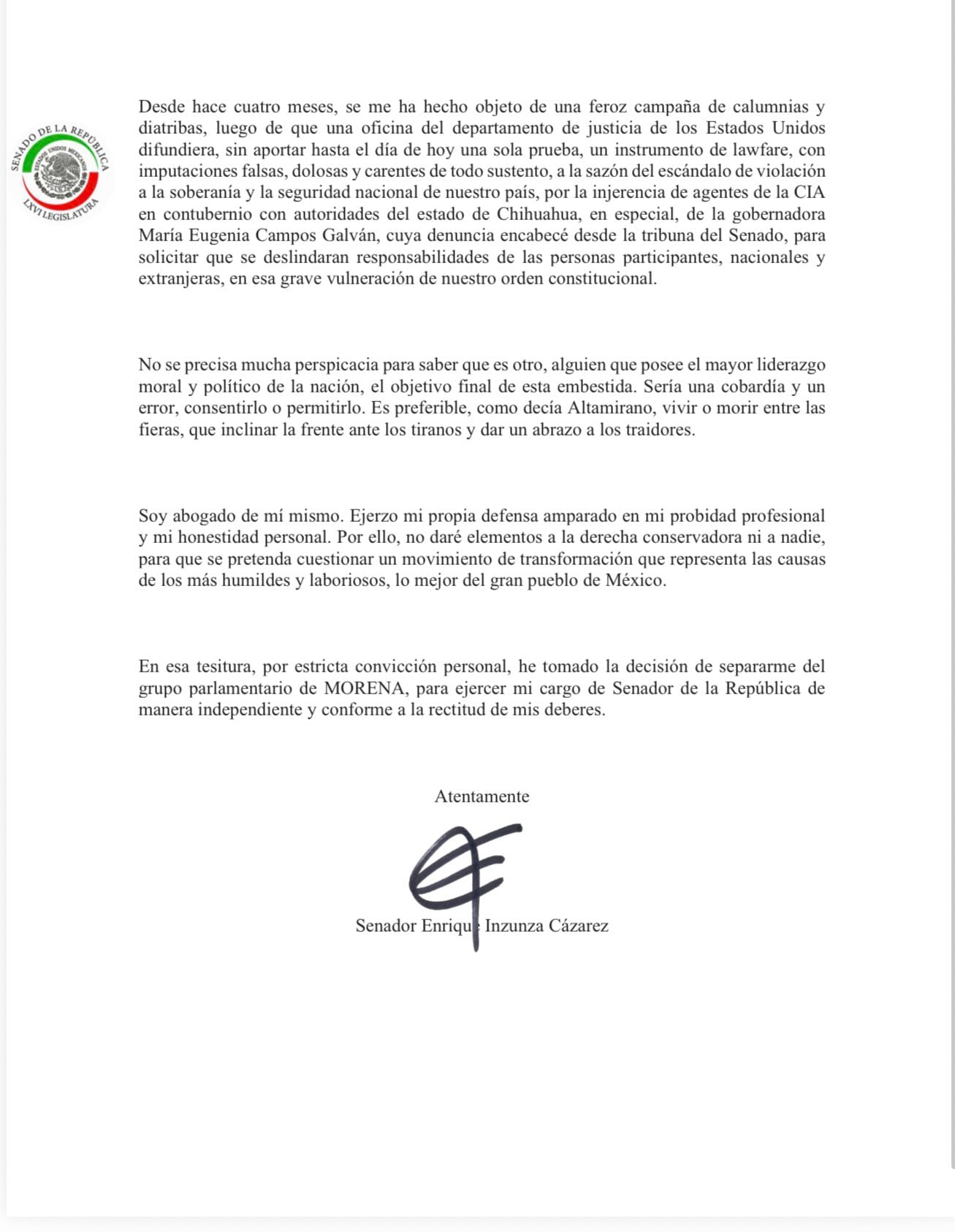 Enrique Inzunza deja bancada de Morena en el Senado; acusa embestida en su contra