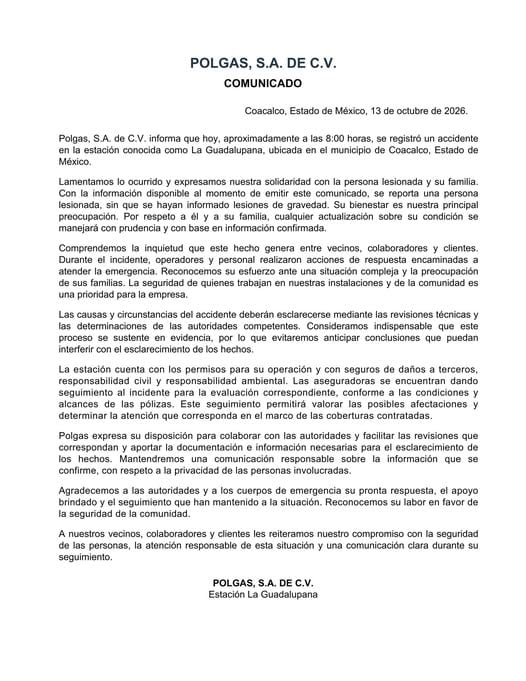 Polgas se pronuncia por explosión en Coacalco