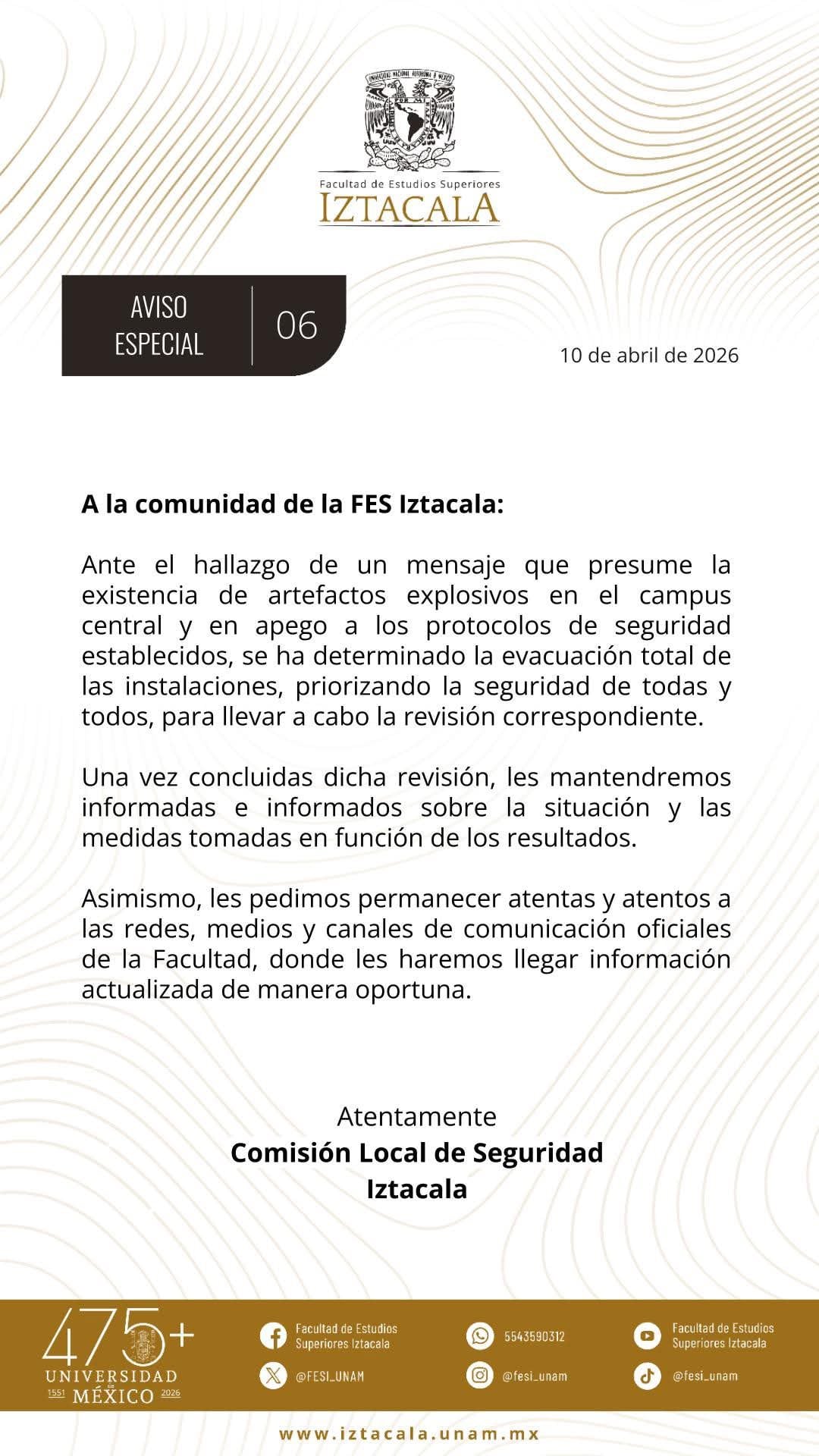 UNAM evacúa FES Iztacala para revisión por posible explosivo