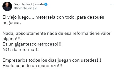 Vicente Fox critica reforma eléctrica de AMLO