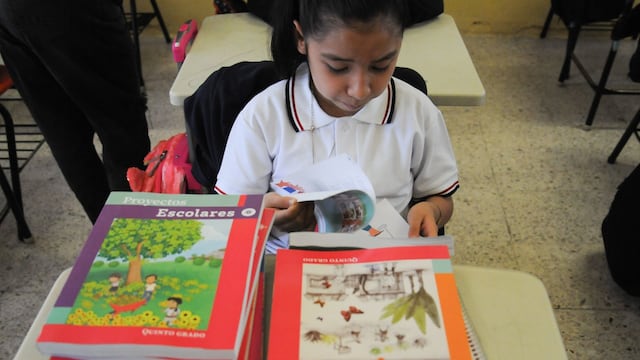 Una alumna revisa sus nuevos libros de texto