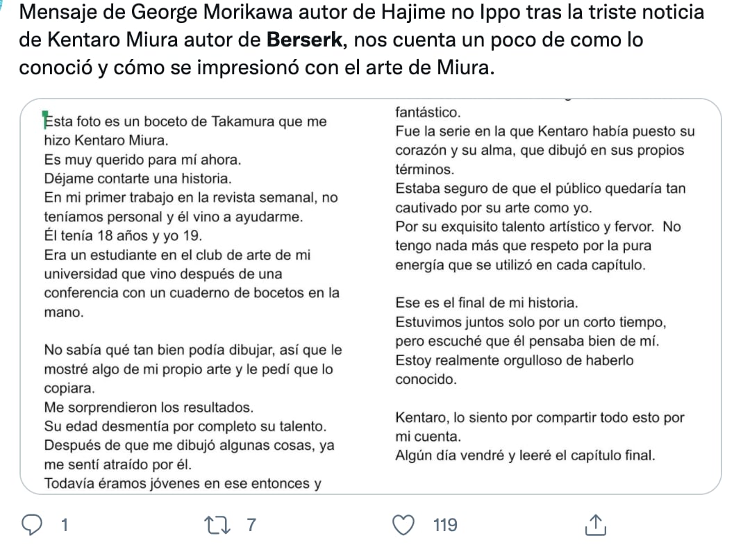 Usuarios lamentan la muerte de Kentaro Miura