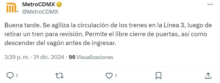 Metro CDMX hoy martes 31 de diciembre