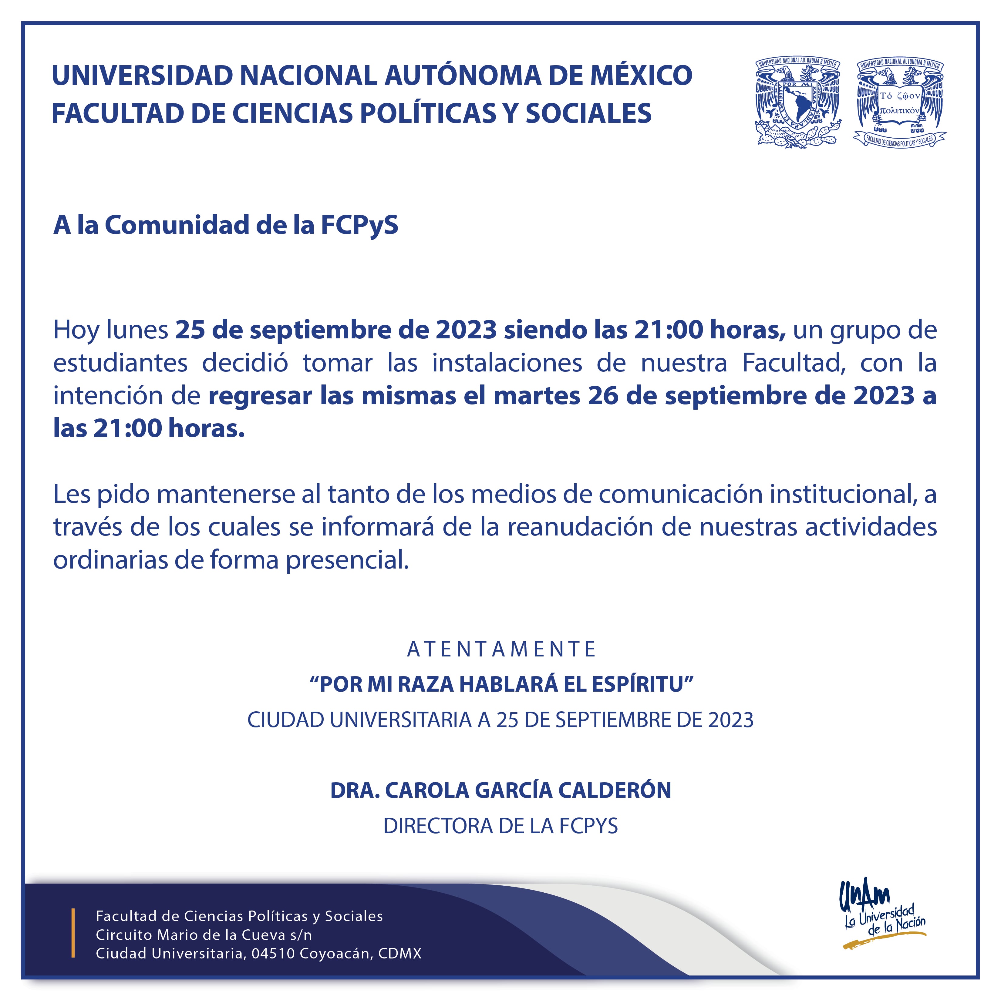 Suspenden clases en FCPyS de la UNAM
