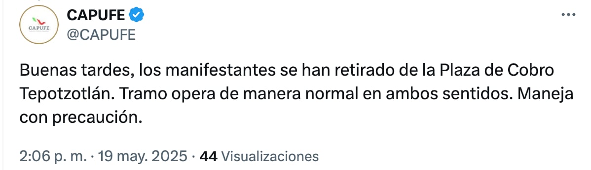 Capufe reporta liberación de caseta de cobro Toptzotlán