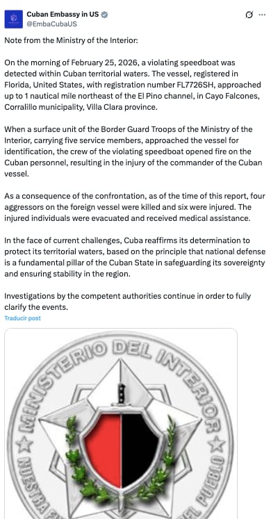 Incidente marítimo entre Cuba y Estados Unidos deja cuatro muertos y seis heridos