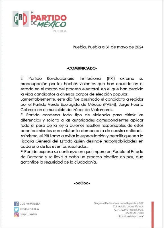 PRI pide deslindar responsabilidad de Willebaldo Reyes Méndez en el asesinato de Jorge Huerta