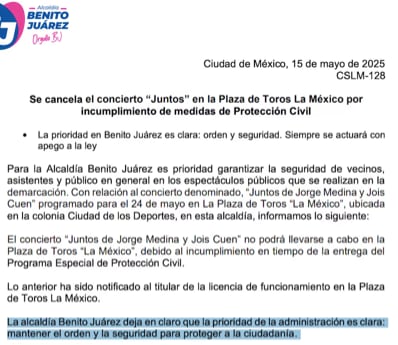 Cancelan concierto de Jorge Medina y Josi Cuen en Plaza de Toros México