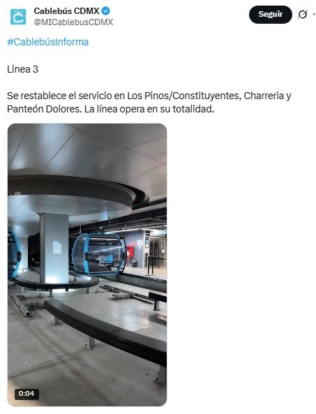 Cablebús informa que hay servicio provisional por falla en la Línea 3.