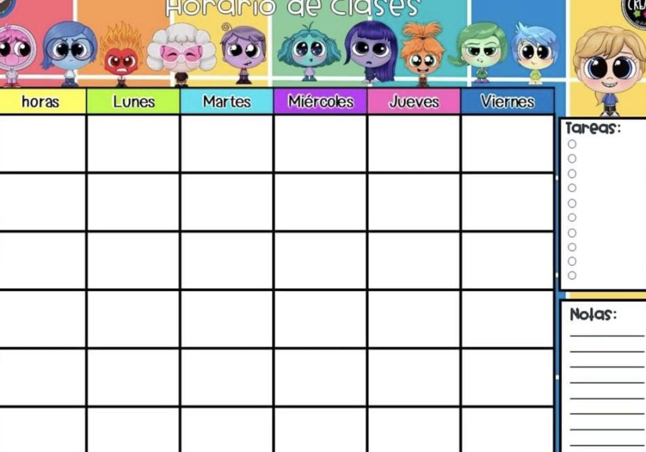 Horario escolar de Intensamente 2 para imprimir con Riley y las emociones en anime