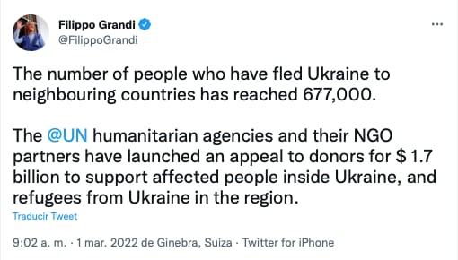 Tuit del jefe de Acnur de la ONU, Filippo Grandi sobre la cantidad ucranianos que huyen del conflicto bélico entre Rusia y Ucrania