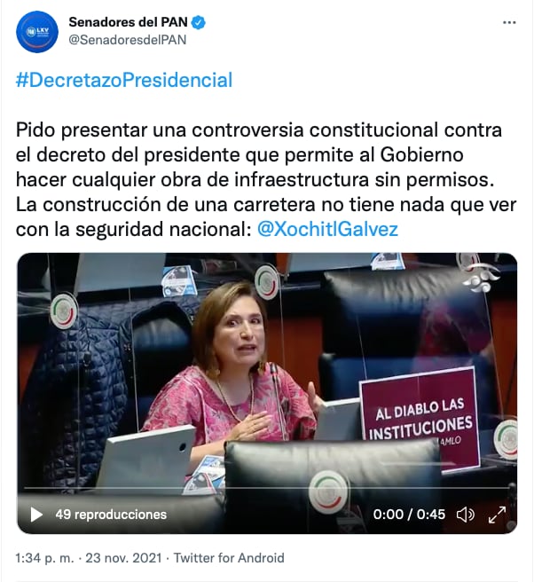 Tuit de video de la participación de Xóchitl Gálvez donde pide presentar una controversia constitucional al decreto presidencial de AMLO/ @SenadoresdelPAN