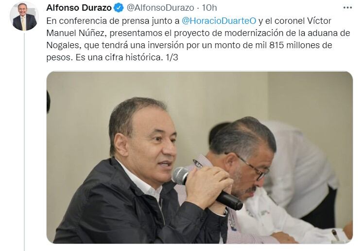 Publicación de Alfonso Durazo en Twitter