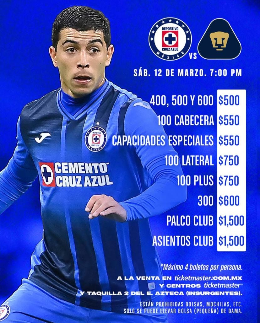 Precios de los boletos del Cruz Azul FC vs Club Universidad Nacional.