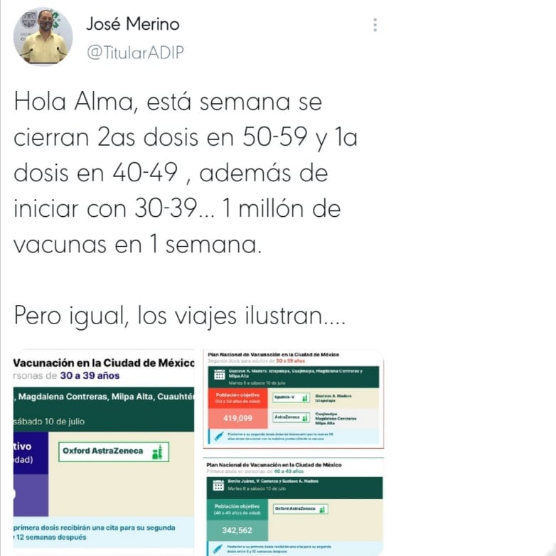Twitter; José Merino responde a Profesora que se vacuna en EU.
