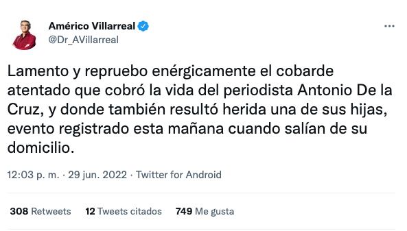 Américo Villarreal condena muerte de Antonio de la Cruz, periodista de Tamaulipas