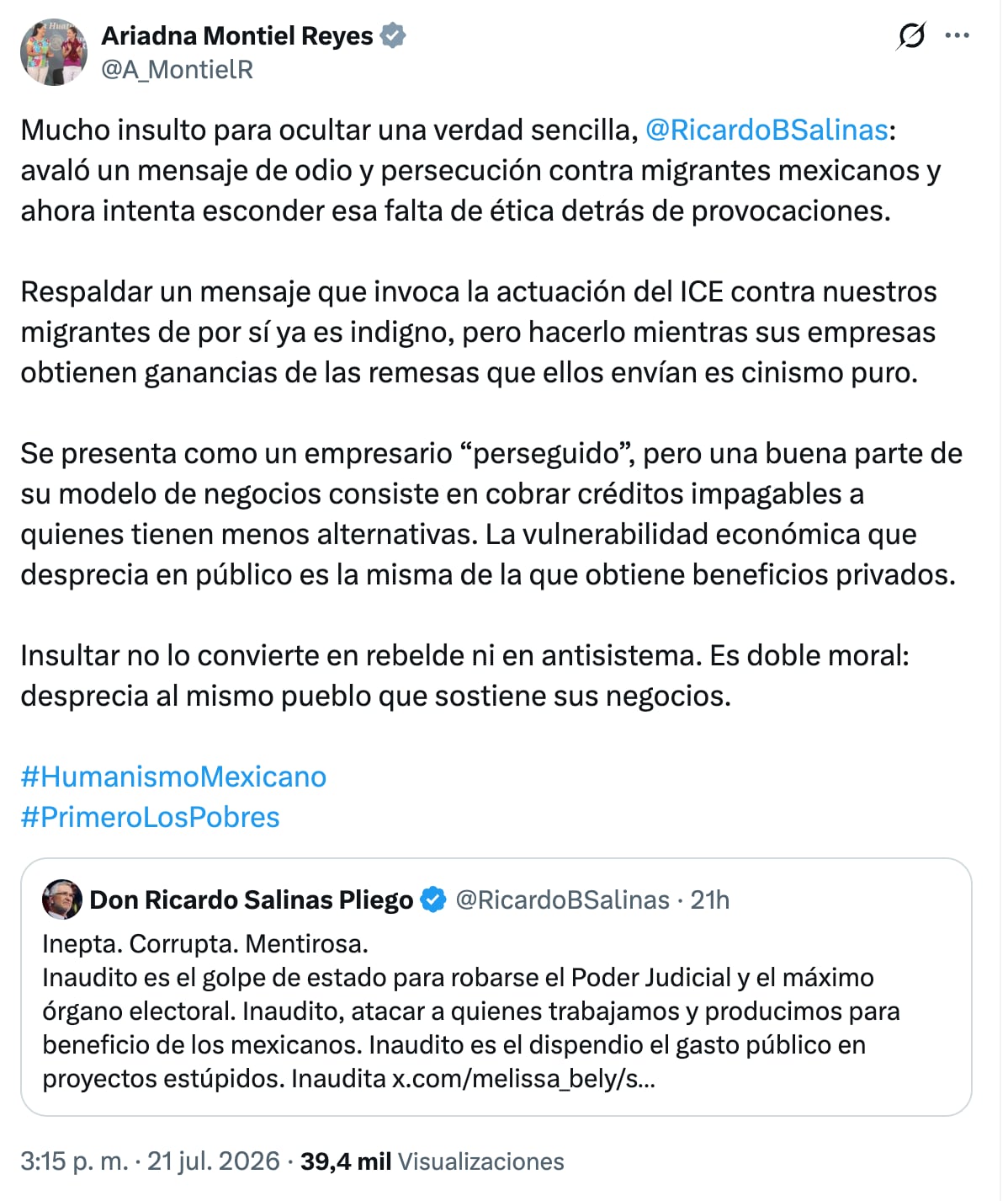 Respuesta de Ariadna Montiel a Ricardo Salinas Pliego