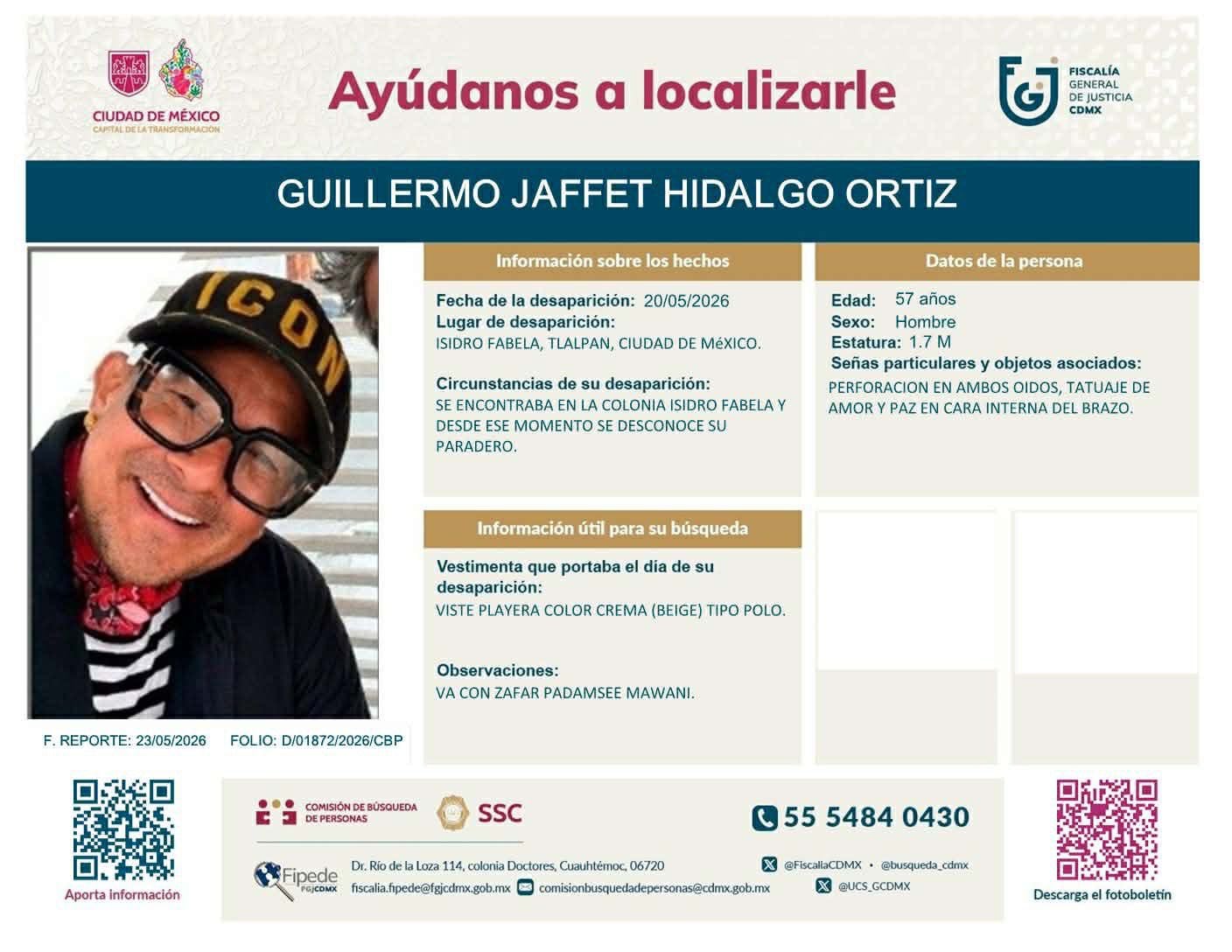 Boletin de desaparición de Guillermo Jaffet Hidalgo Ortiz en Tlalpan, CDMX.