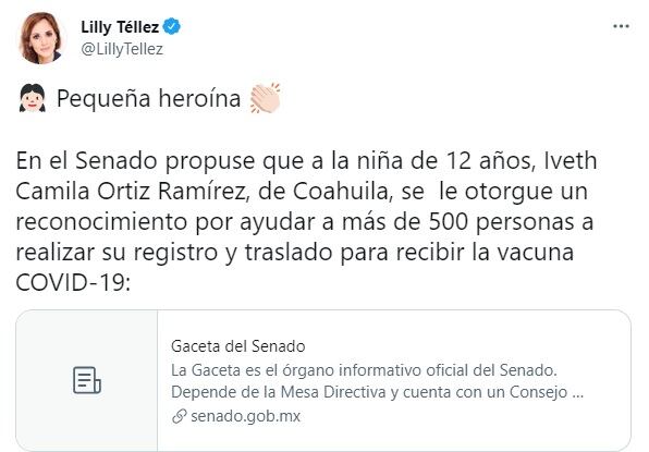 Lilly Téllez pide reconocimiento para Camila, la niña que ayudó a su comunidad en la pandemia