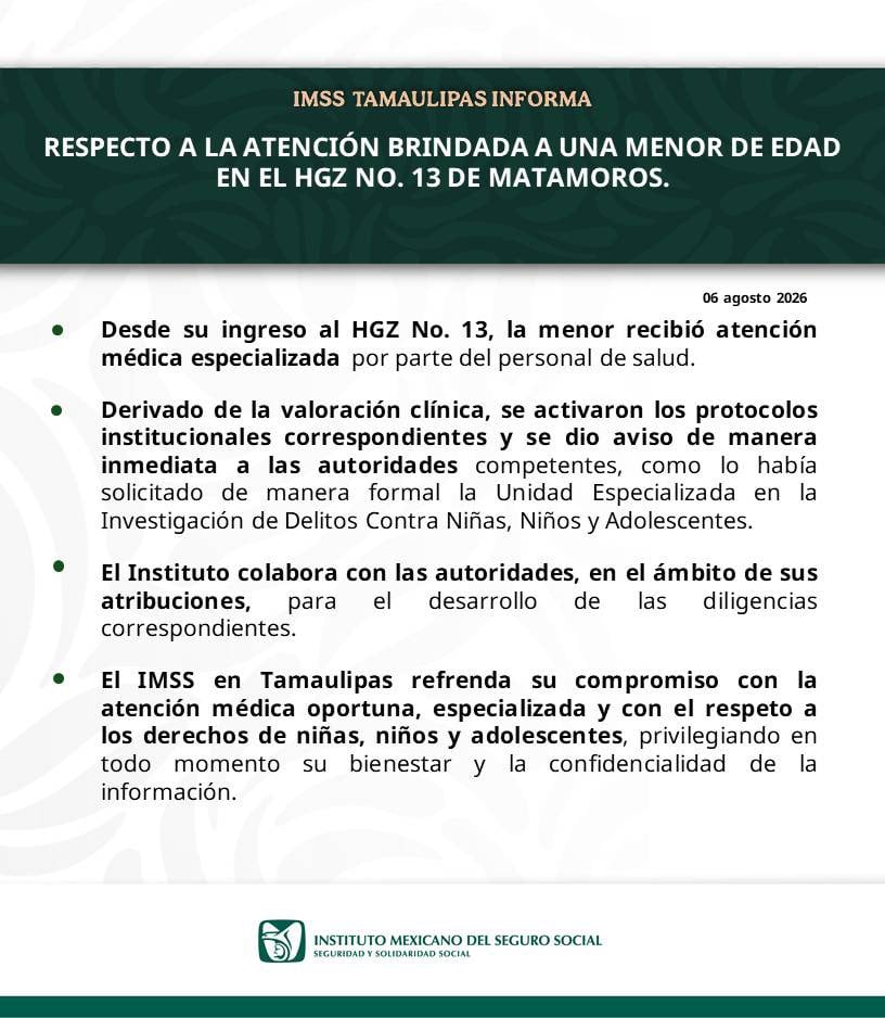 IMSS Tamaulipas sobre embarazo en menor de 11 años.
