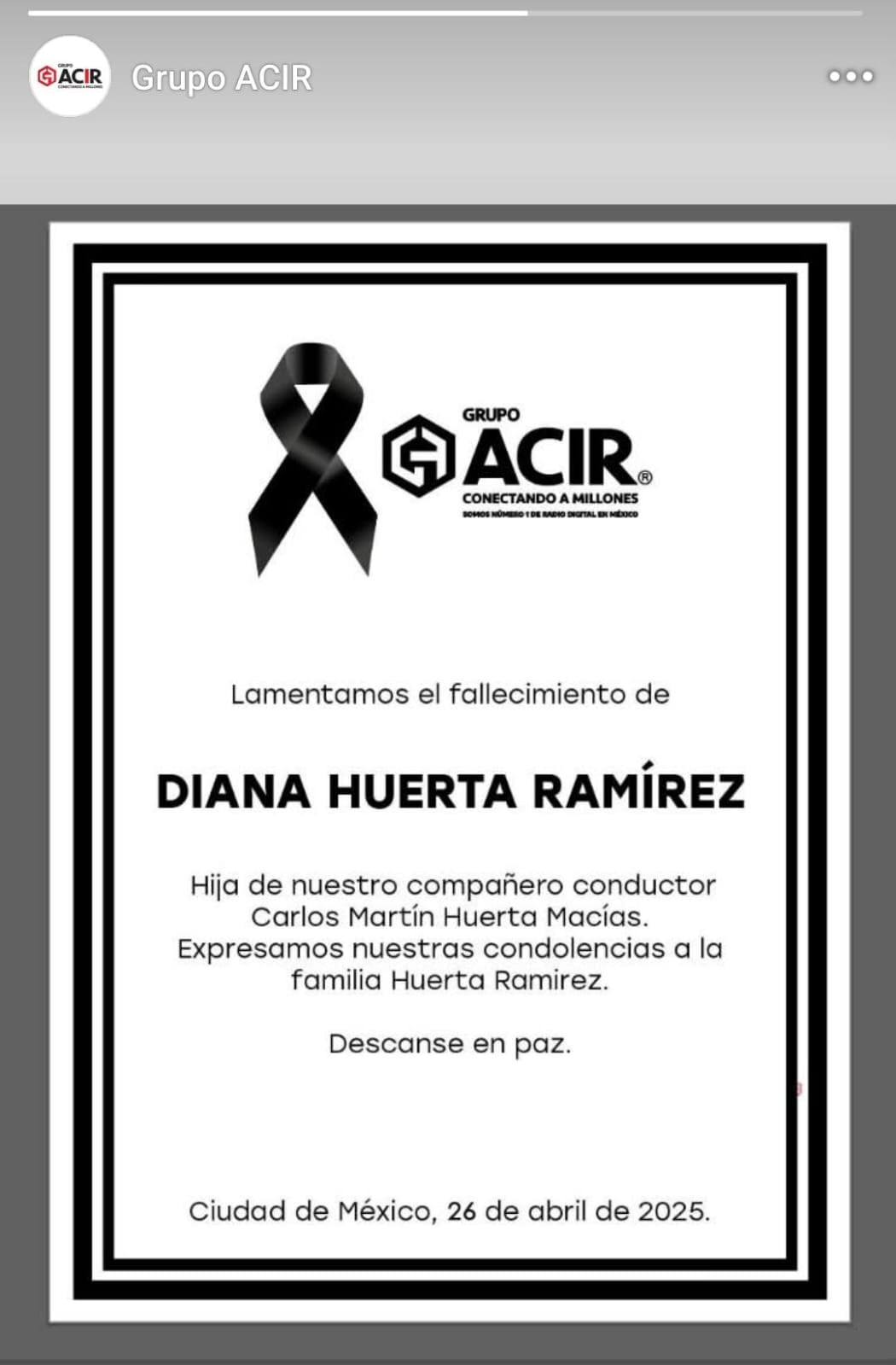 Grupo Acir da su pésame a Carlos Martín Huerta por la muerte de su hija