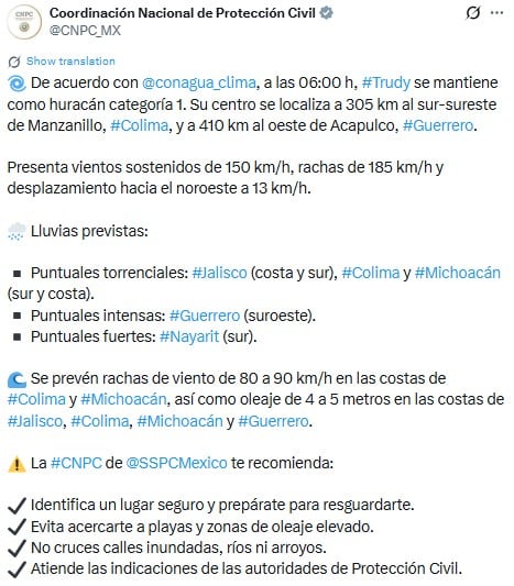Huracán Trudy: estados afectados por lluvias