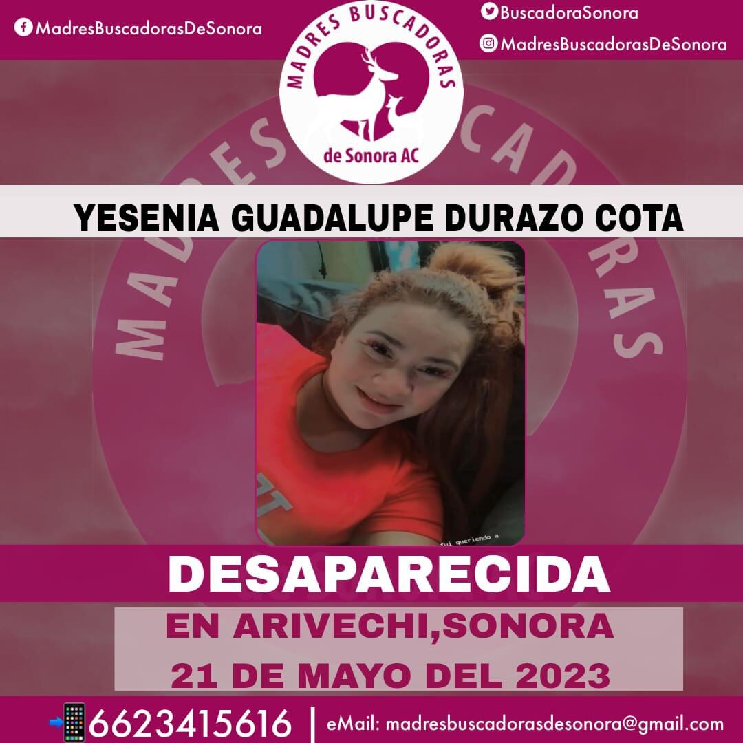 Yesenia Guadalupe Durazo Cota está desaparecida en Sonora