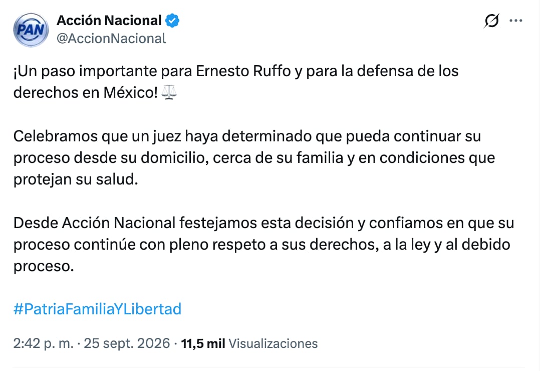 PAN festeja prisión domiciliaria a Ernesto Ruffo