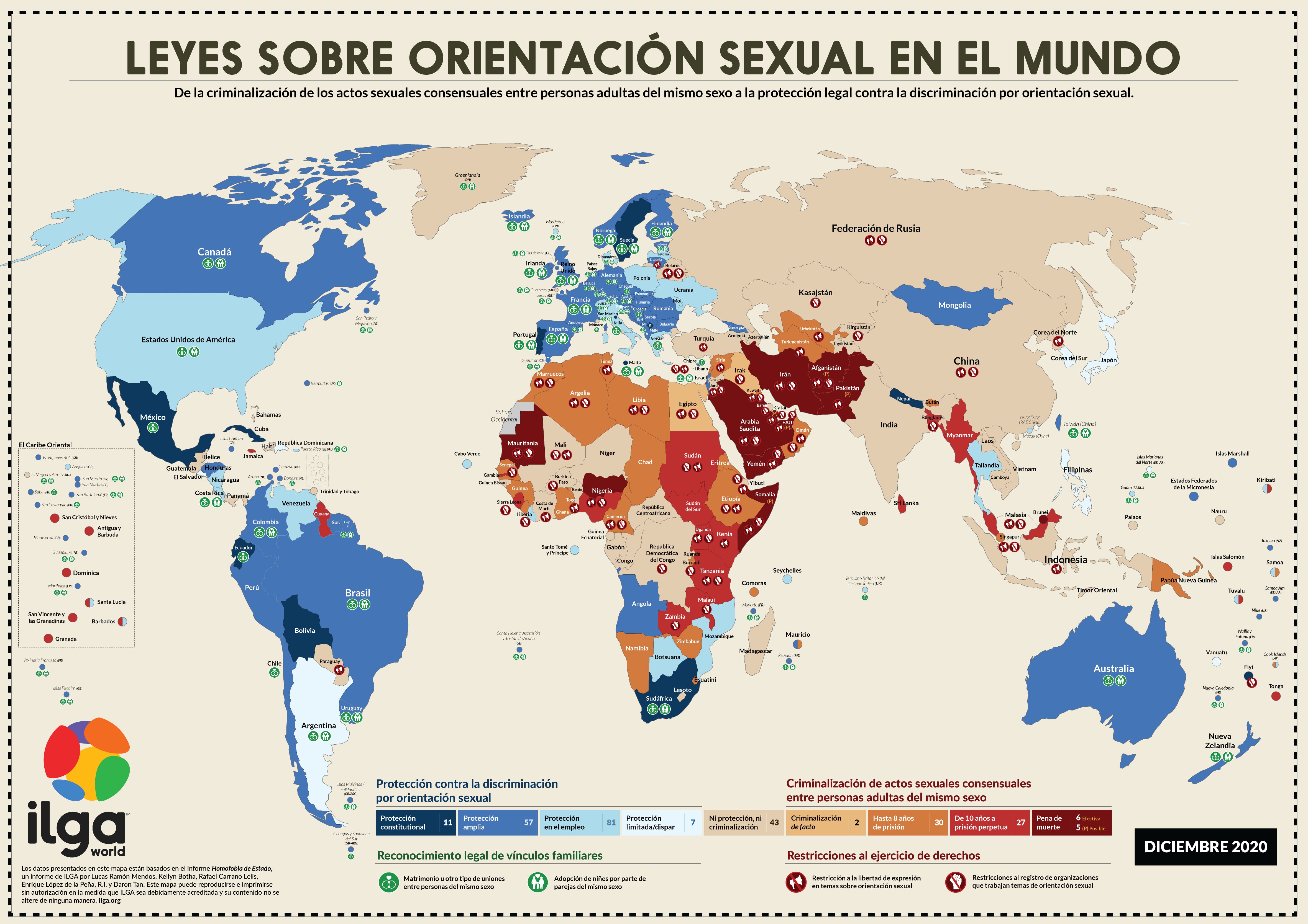 Mapa donde la homosexualidad es ilegal hecho por la Asociación Internacional de Lesbianas, Gays, Bisexuales, Trans e Intersexuales (ILGA)