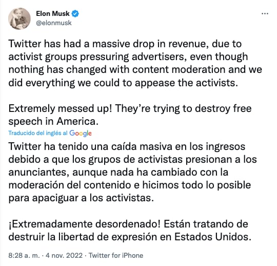 Elon Musk admite una caída masiva en los ingresos de Twitter por la salida de los patrocinios de empresas