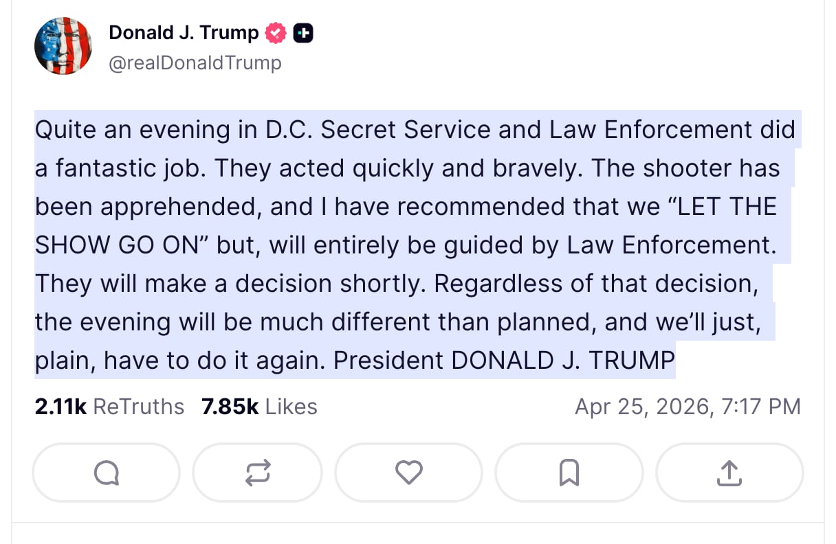 “Actuaron rápido”: Trump elogia al Servicio Secreto en la Cena de Corresponsales