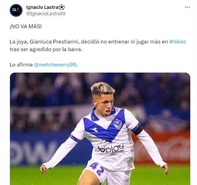 Gianluca Prestianni, juvenil de Vélez agredido por barristas argentinos.