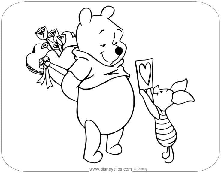 Plantillas para colorear en San Valentín: Winnie Pooh regala flores