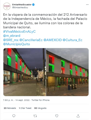 Este 15 de septiembre, el Palacio de Quito se vistió con colores de la bandera de México por el Día de la Independencia
