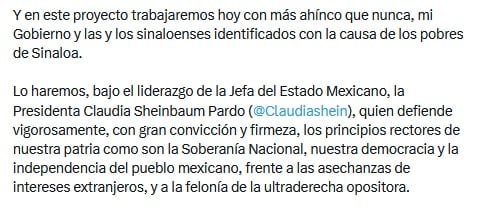 Rubén Rocha Moya informa que vuelve como gobernador de Sinaloa tras licencia.