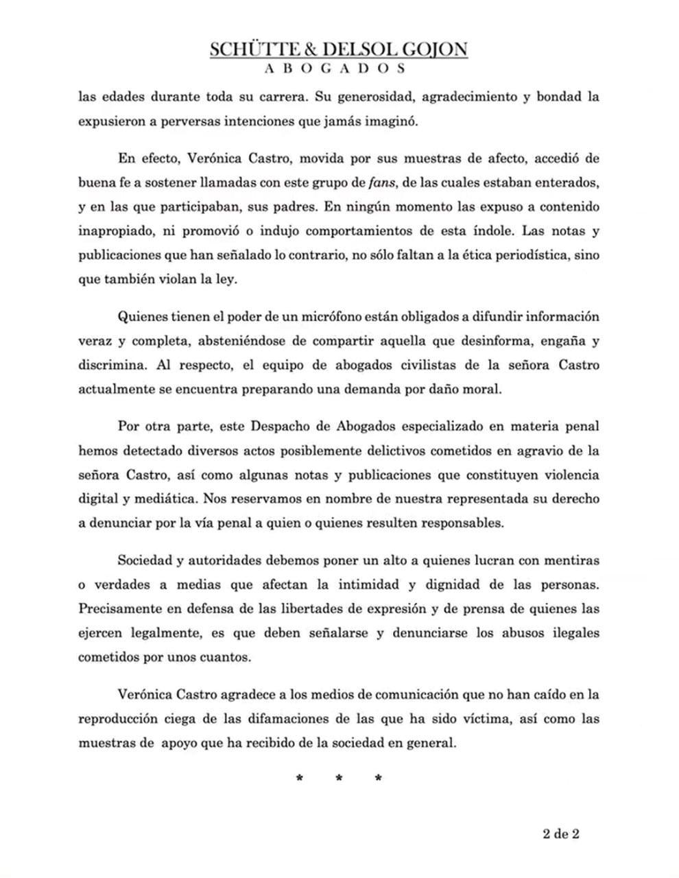 Comunicado de la firma de abogados de Schütte & Delsol Gojon, representantes de Verónica Castro