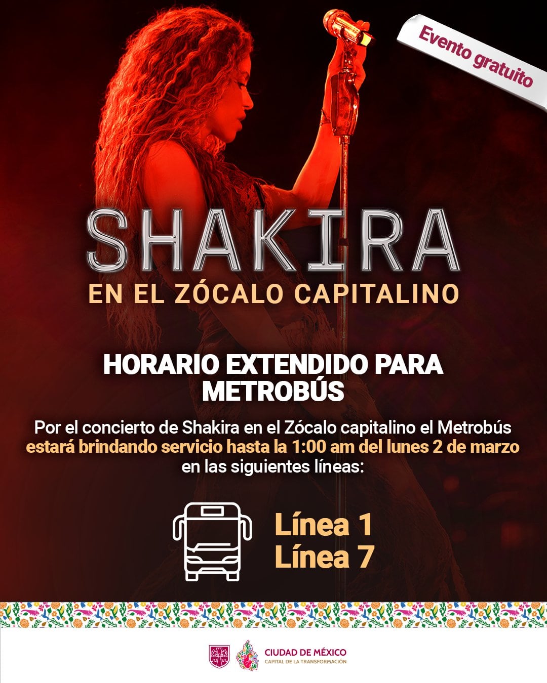 Por Shakira, habrá horario extendido del Metro, Metrobús y Trolebús este 1 de marzo