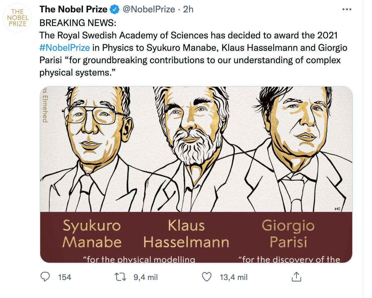 Syukuro Manabe, Klaus Hasselmann y Giorgio Parisi , ganadores del Premio Nobel de Física 2021