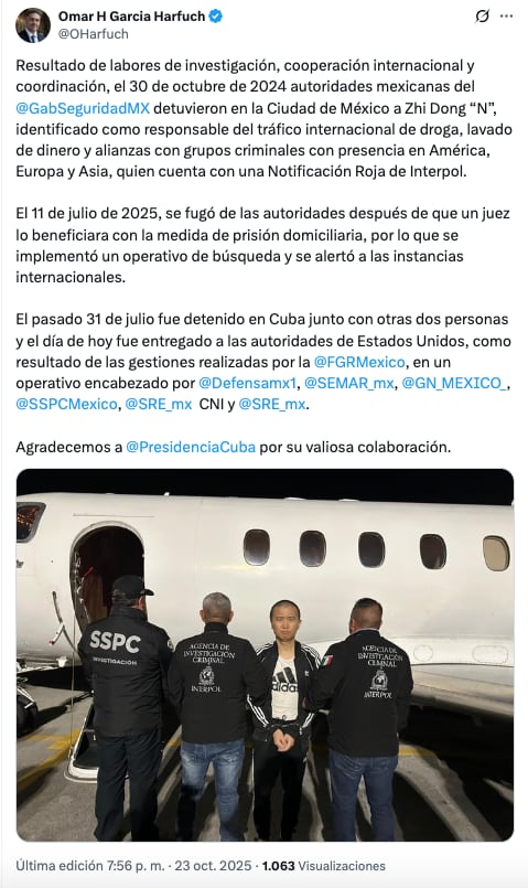 Omar García Harfuch confirma extradición de Zhi Dong Zhan