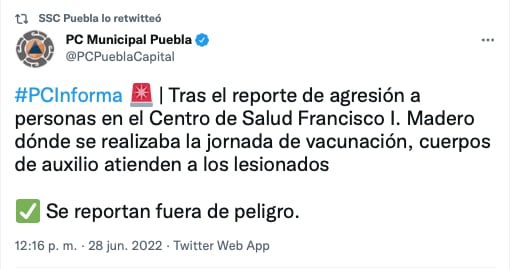Protección civil de Puebla afirma que los lesionadas de la balacera en un centro de vacunación de Covid-19 están fuera de peligro/Twitter