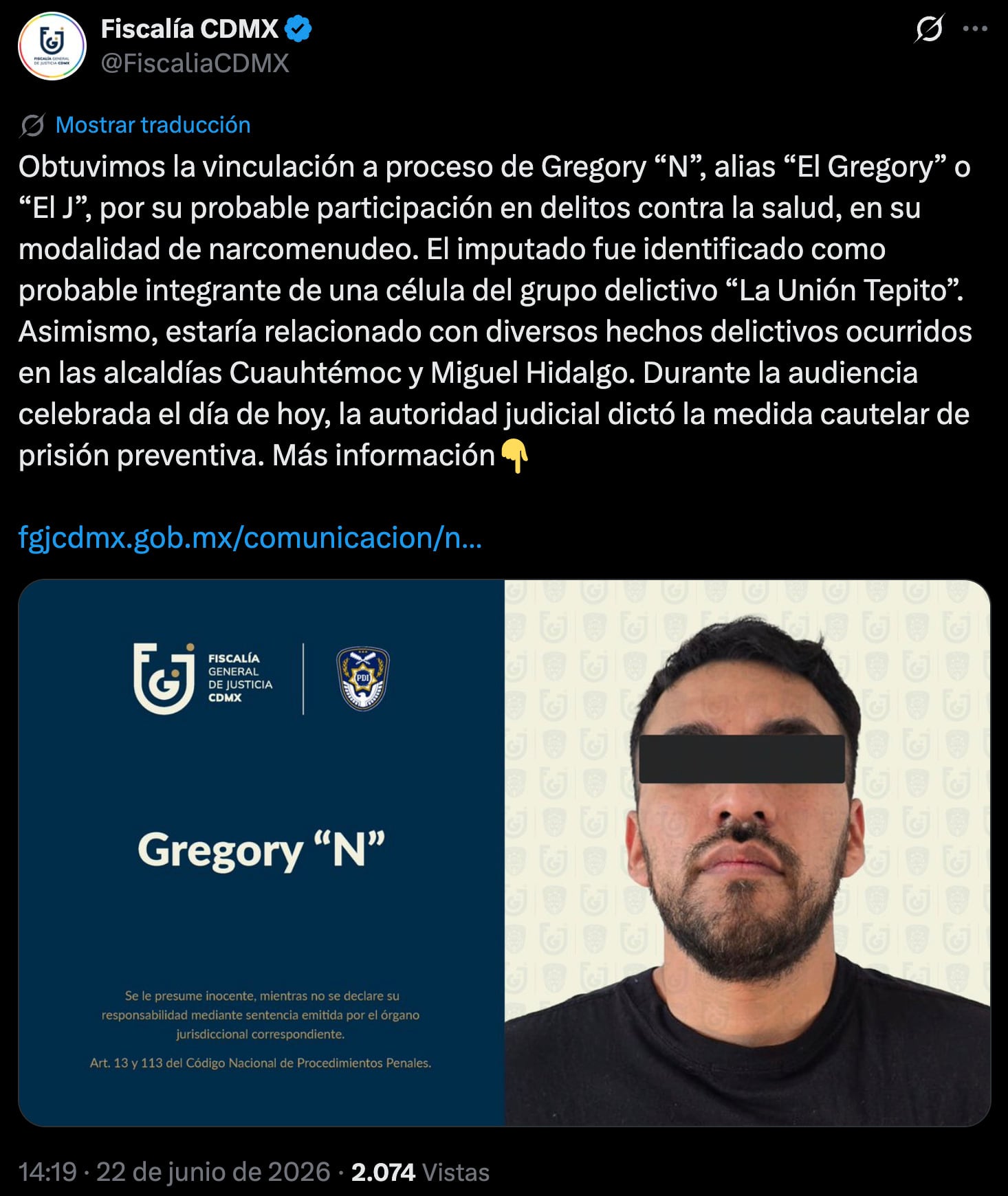 “El Gregory” es vinculado a proceso por narcomenudeo relacionado con La Unión Tepito