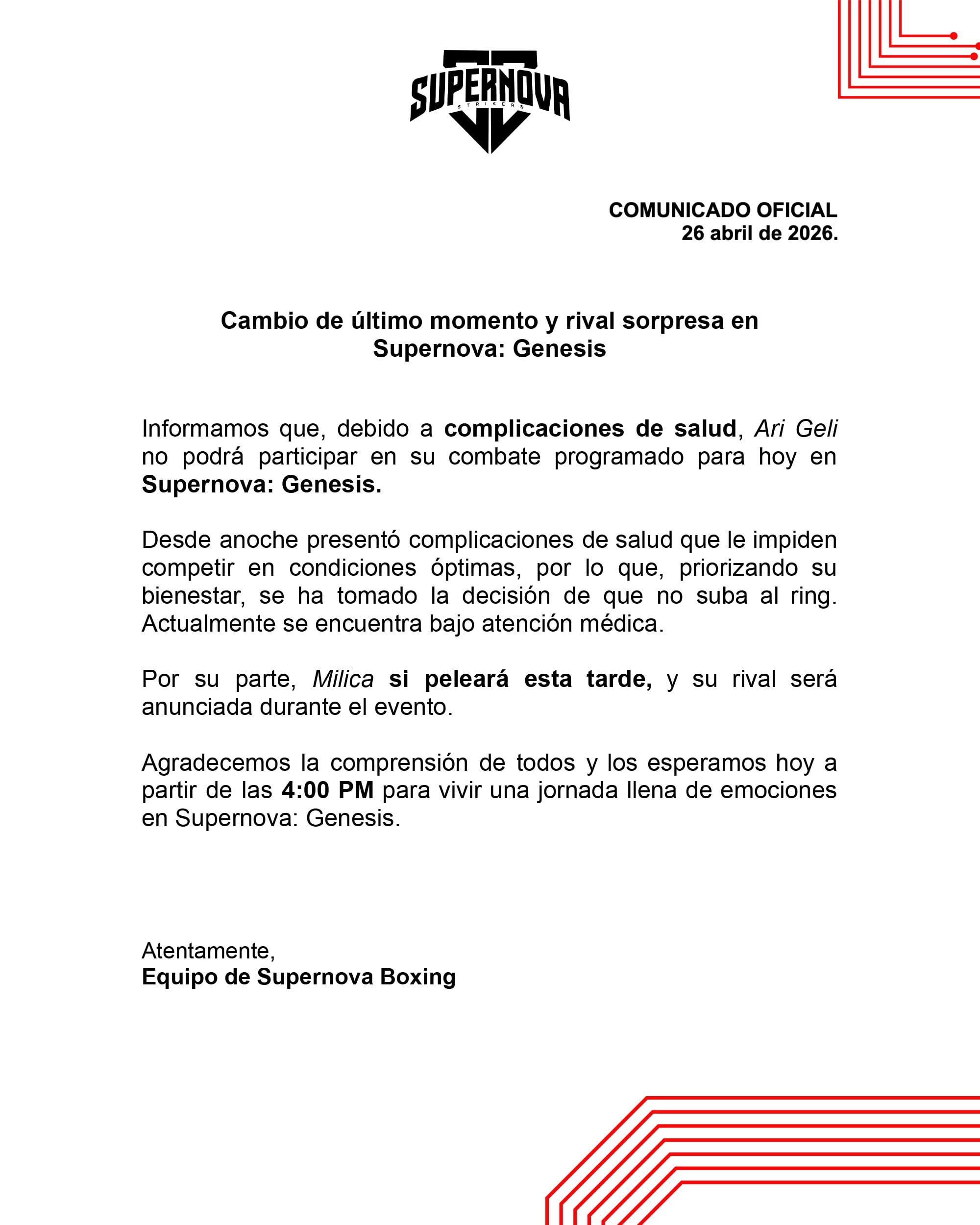 Supernova Génesis confirma que Ari Geli no peleará y la rival de Milica será sorpresa.