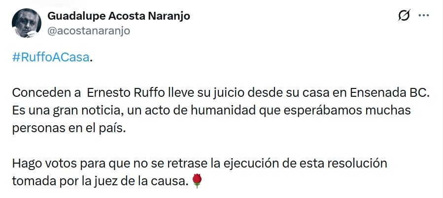Ernesto Ruffo sería trasladado a su domicilio hasta el lunes, revela Acosta Naranjo