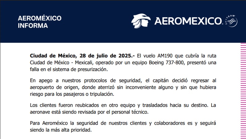 Vuelo de Aeroméxico regresa a AICM