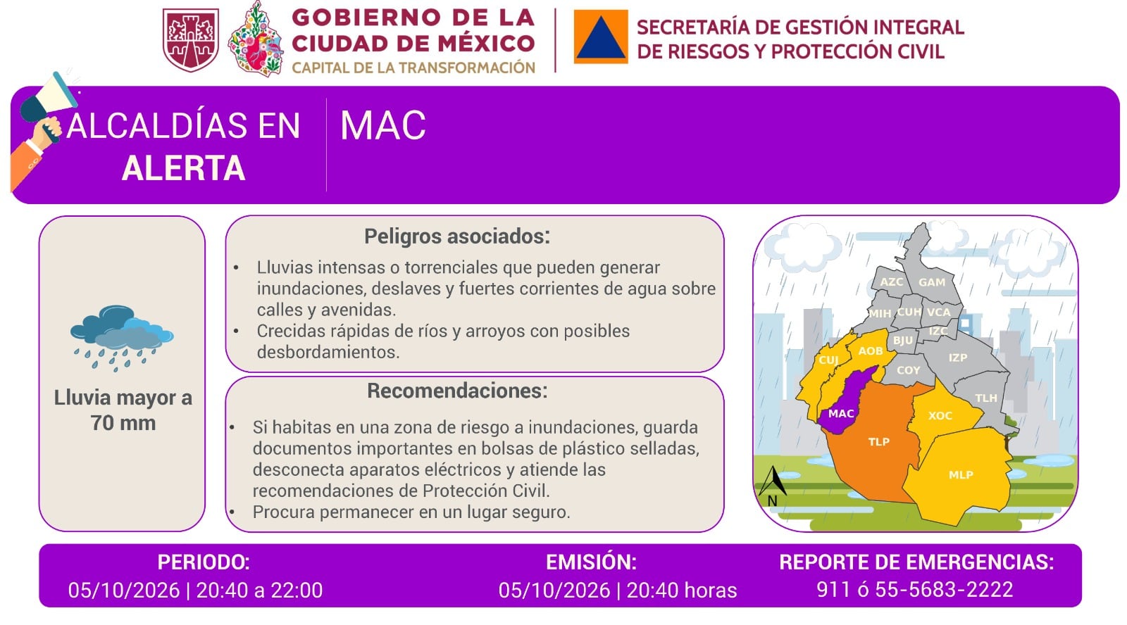 Magdalena Contreras activa Alerta Púrpura por fuertes lluvias esta noche