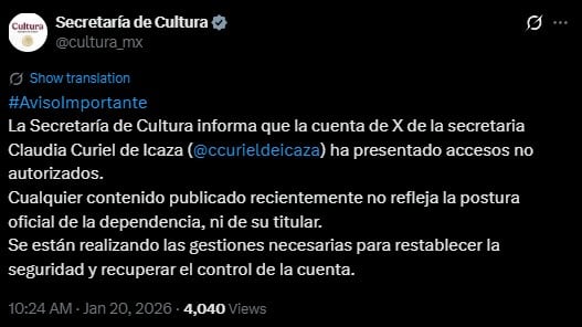 Secretaría de Cultura alerta por hackeo a la cuenta de X de Claudia Curiel de Icaza