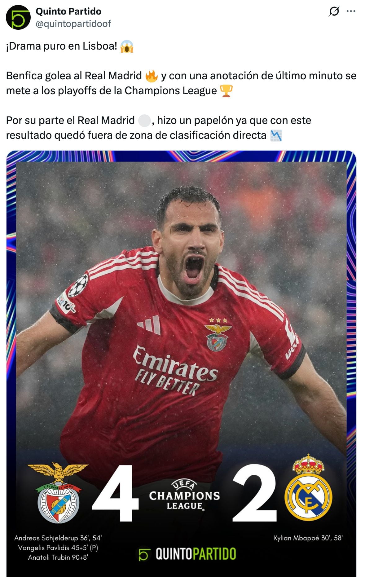 Benfica 4-2 Real Madrid: los merengues van a Playoffs en la Champions.