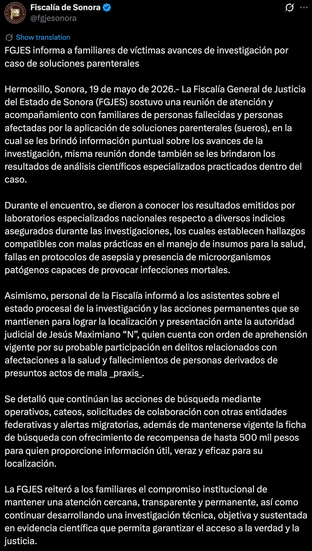 Fiscalía de Sonora detecta microorganismos y fallas en protocolos en sueros vitaminados