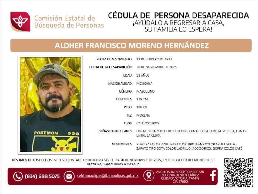 Ficha de desaparición de Aldher Francisco Moreno Hernandez