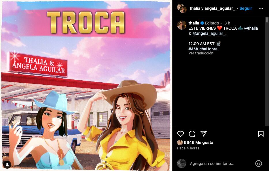 Thalía anuncia el lanzamiento de su canción Troca con Ángela Aguilar